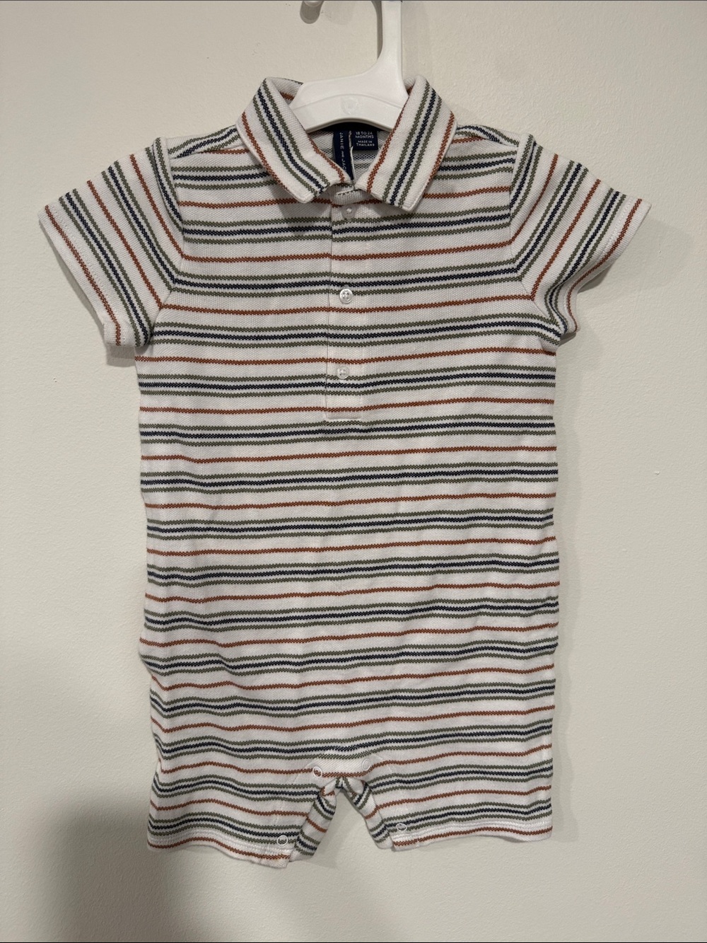Janie and Jack White Polo Romper with Navy & Rust Stripes